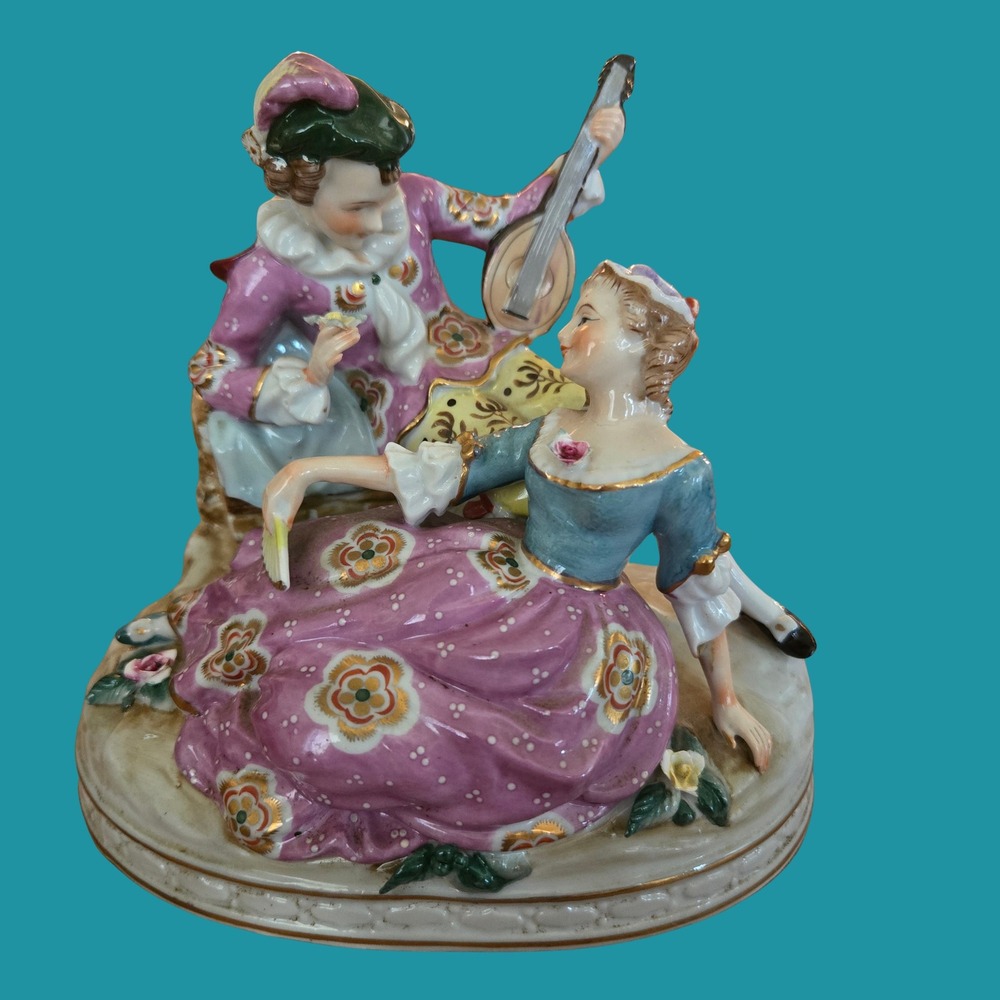 Vintage Mid Century Porcelain Victorian Courtly Couple Figurine Lute mandolin